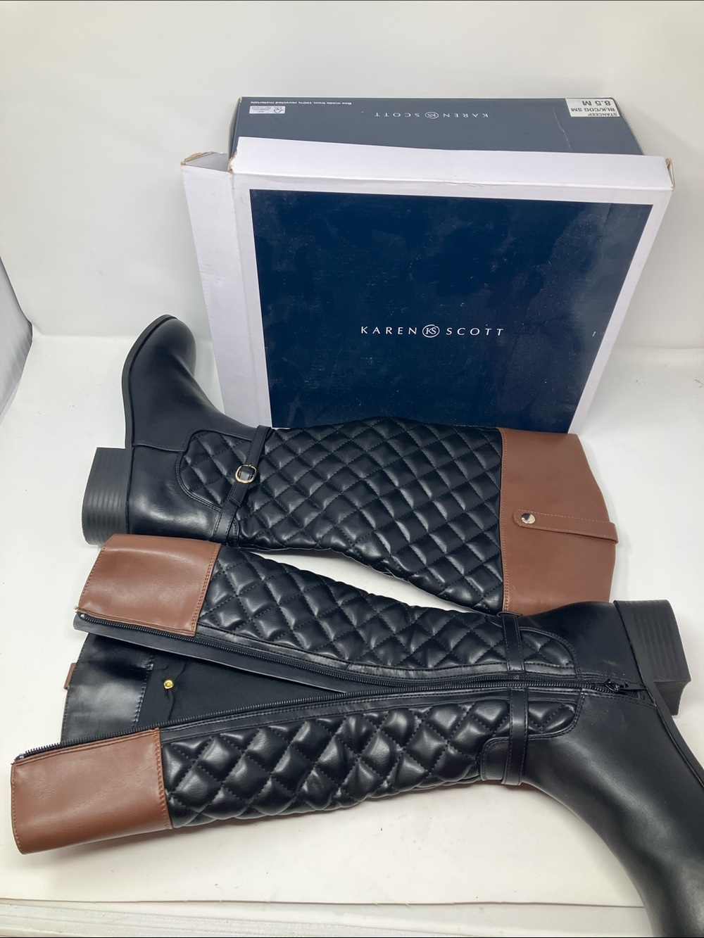 Karen Scott Stancee Quilted Riding Boots Black Cognac Two Tone 8.5M